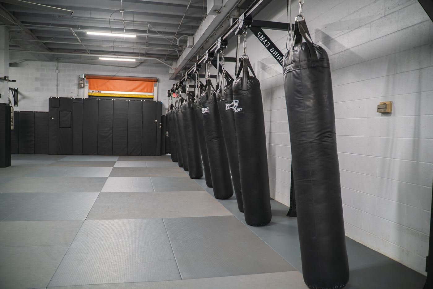 Row of heavy bags along the main mat